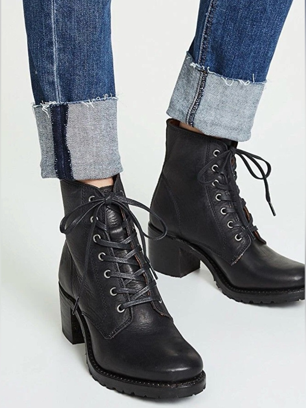 Frye Black Leather Lace-Up Block Heel Ankle Boots Vibram Sole Size 8.5
